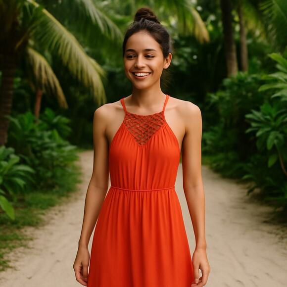 LRL Maxi Dress Women's Size Medium Tangerine Macrame Tropical Knit Halter - Picture 1 of 7
